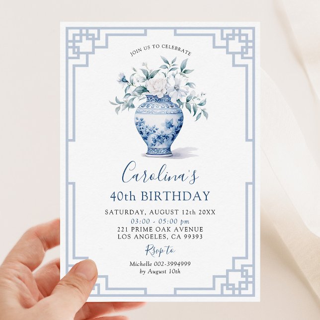 White Floral Chinoiserie Ginger Jar Birthday Invitation (Creator Uploaded)