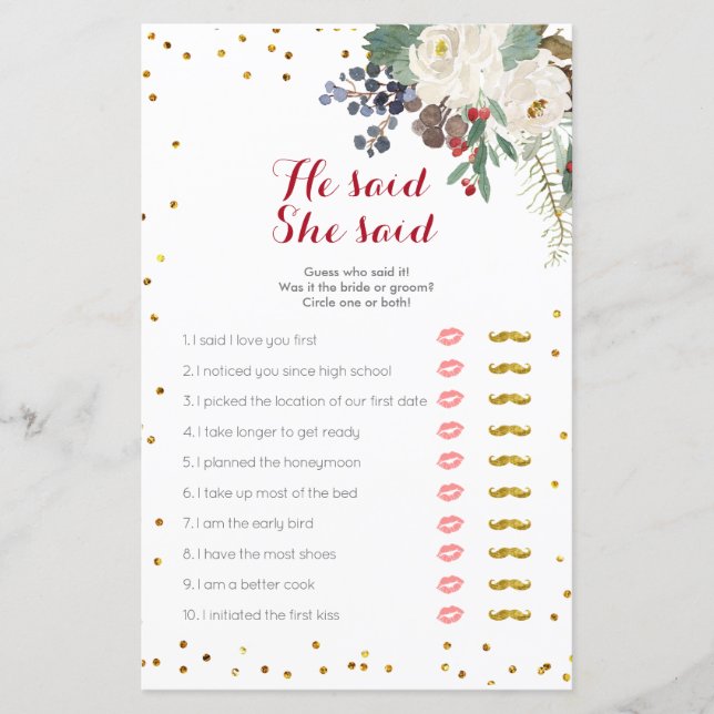 White Floral Christmas He said She said Game Card (Front)