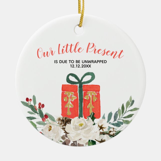 White Floral Christmas Pregnancy Announcement Cera Ceramic Ornament (Front)