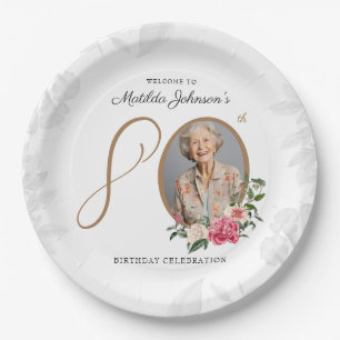 White Floral Classy Custom 80th Birthday Party Paper Plates