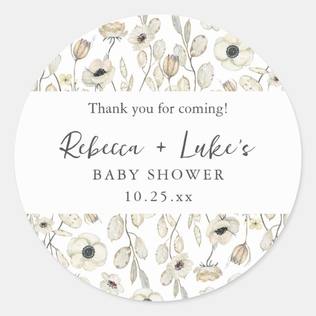 White Floral couples baby shower thank you favor  Classic Round Sticker (Front)