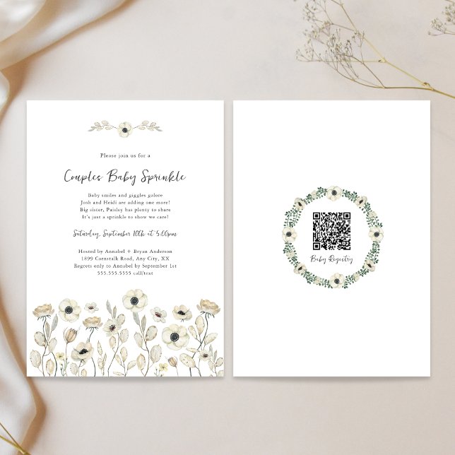 White Floral couples baby sprinkle + registry QR Invitation (Creator Uploaded)