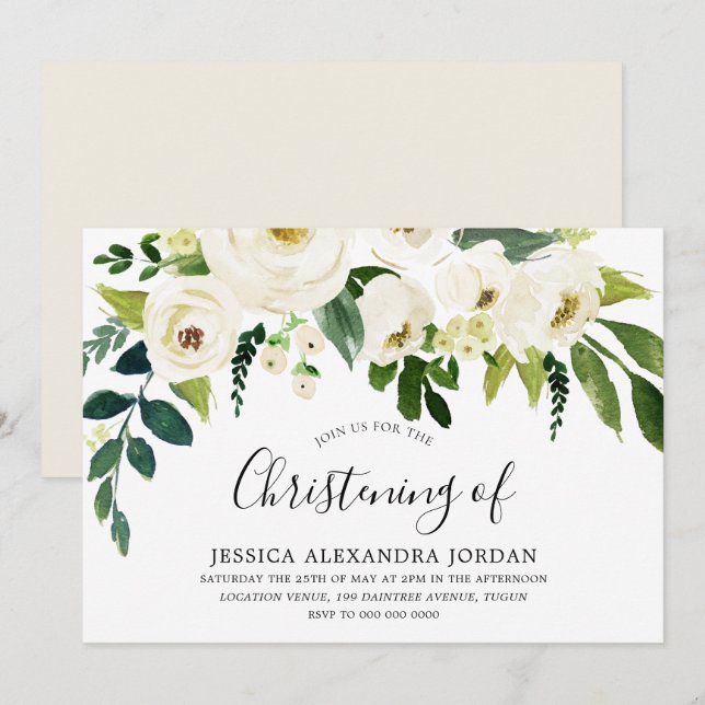 White Floral Cream Beautiful Christening Baptism Invitation (Front/Back)