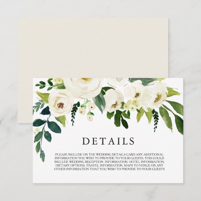 White Floral Cream Beautiful Wedding Details Card (Front/Back)
