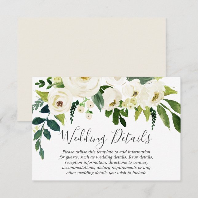 White Floral Cream Beautiful Wedding Details Invitation (Front/Back)