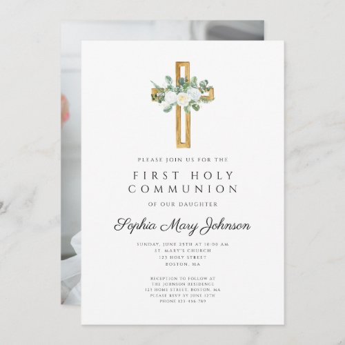 White Floral Cross Girl First Communion Photo Invitation