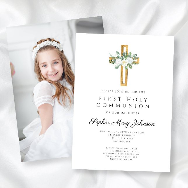 White Floral Cross Girl First Communion Photo Invitation (White Floral Cross Girl First Communion Photo Invitation)