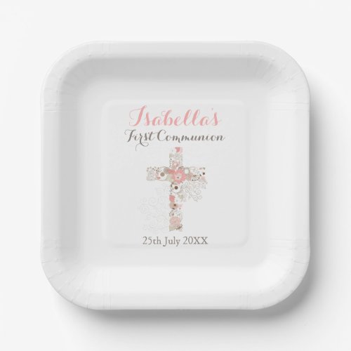 White  floral cross name girl first communion pape paper plates