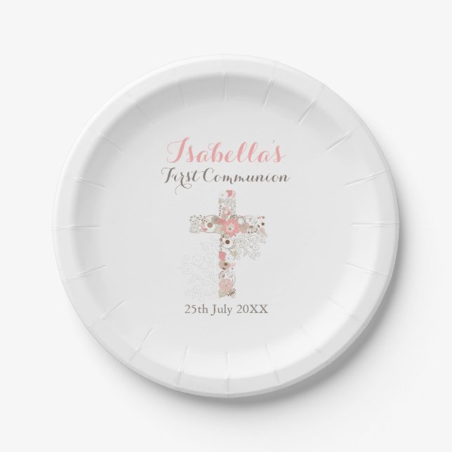 White floral cross name girl first communion paper plates (Front)