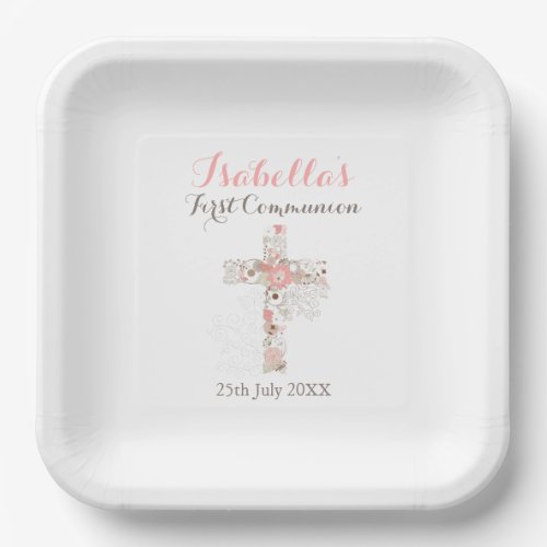 White  floral cross name girl first communion paper plates