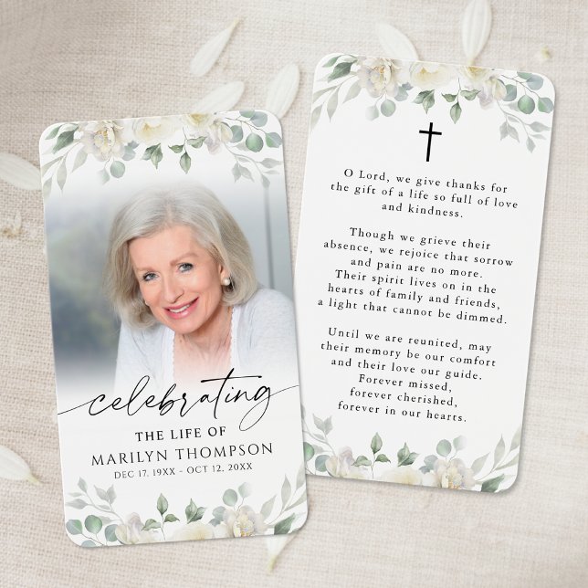 White Floral Cross Photo Prayer Card (Creator Uploaded)