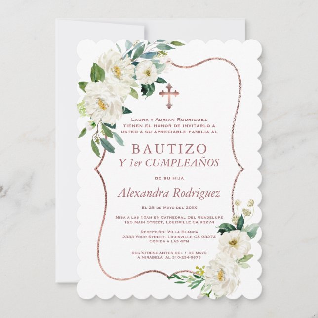 White Floral Cross Spanish 1st Birthday Baptism  Invitation (Front)