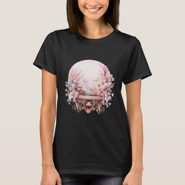 White Floral Crystal Ball  Black Happy Halloween T-Shirt (Front)