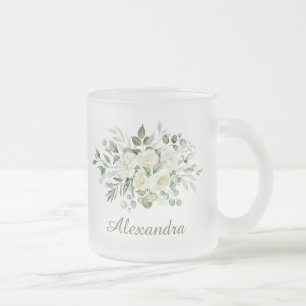 White Floral Custom Bridesmaid Favor Frosted Glass Coffee Mug