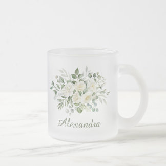 White Floral Custom Bridesmaid Favor  Frosted Glass Coffee Mug