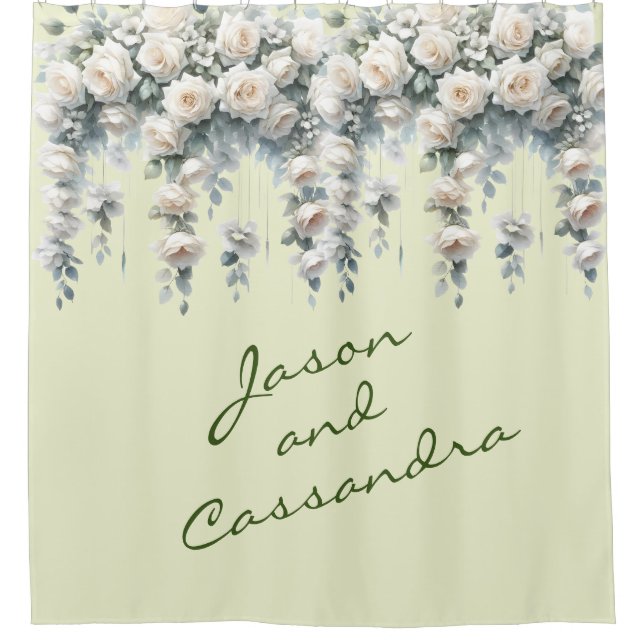 White Floral Customized Wedding Banner Shower Curtain (Front)