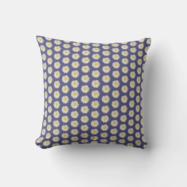White Floral Daisies Navy Blue Outdoor Pillow (Front)