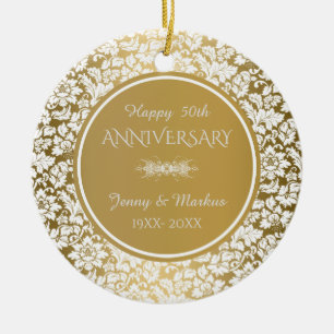 White Floral Damask- 50th Wedding Anniversary Ceramic Ornament