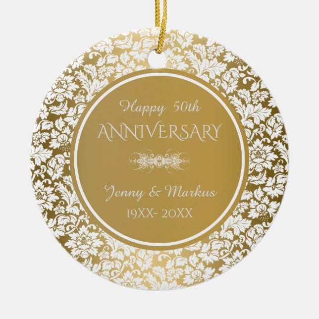 White Floral Damask- 50th Wedding Anniversary Ceramic Ornament (Front)