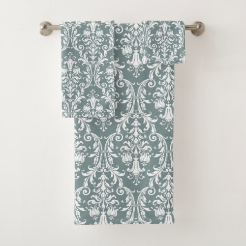 White Floral Damask Custom Background Color Bath Towel Set