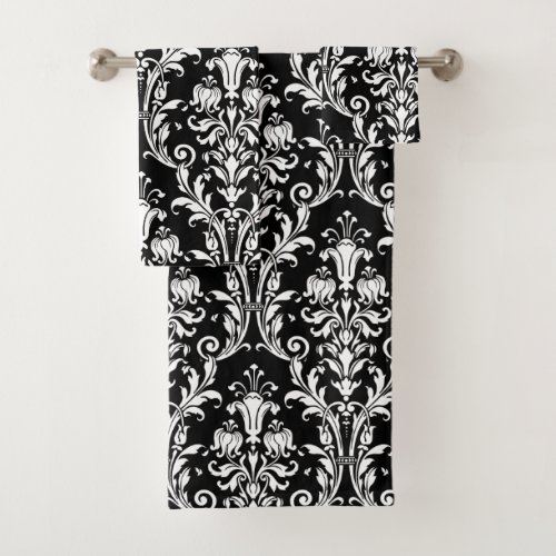 White Floral Damask On Black Bath Towel Set