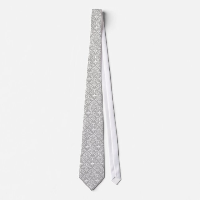 White Floral Damask Over Light Gray Background Tie (Front)