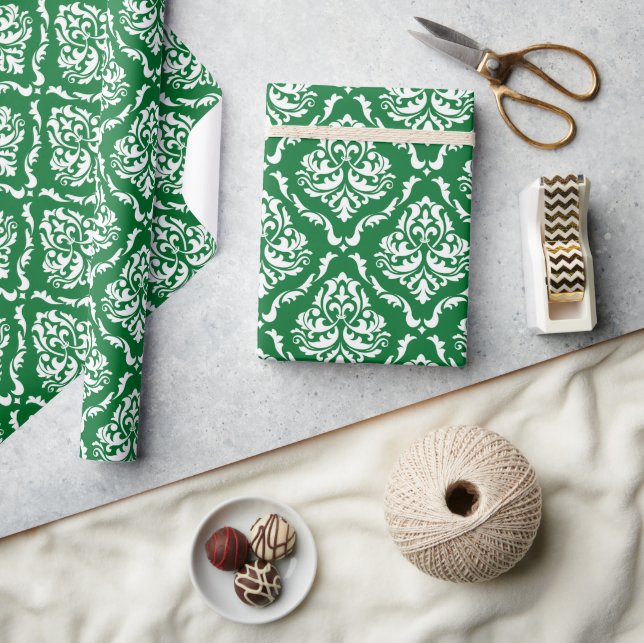 White Floral Damask Pattern On Green Wrapping Paper (Crafts)