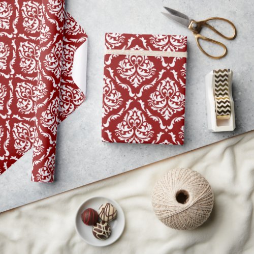 White Floral Damask Pattern On Red Wrapping Paper