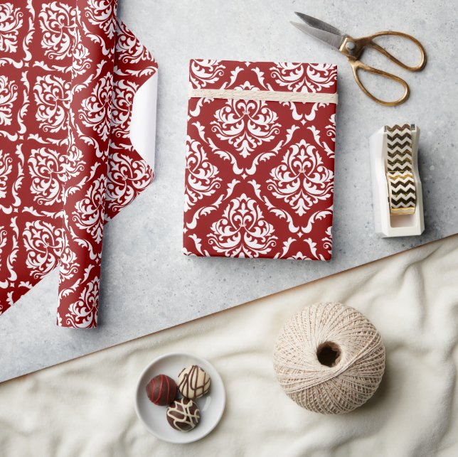 White Floral Damask Pattern On Red Wrapping Paper (Crafts)