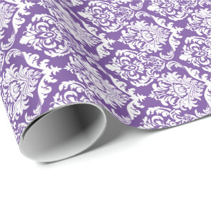 White Floral Damasks 2 Purple Background Wrapping Paper