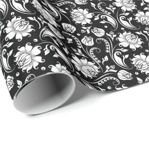 White Floral Damasks Black Background Wrapping Paper