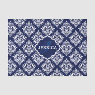 White Floral Damasks & Blue Background Tissue Paper