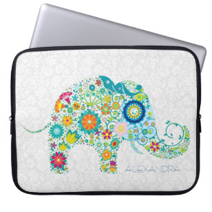 White Floral Damasks Colorful Floral Elephant Laptop Sleeve
