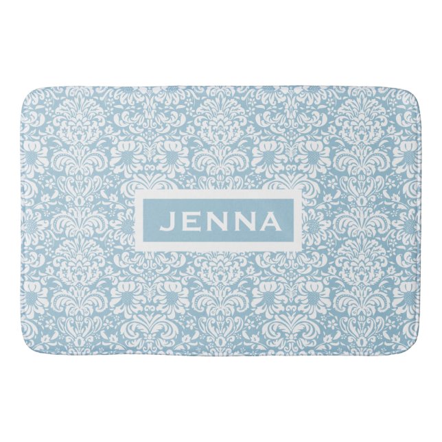 White Floral Damasks Custom Baby Blue Background Bathroom Mat (Front)