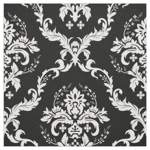 White Floral Damasks Custom Black Background Fabric