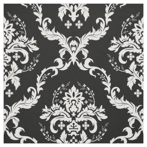 White Floral Damasks Custom Black Background Fabric