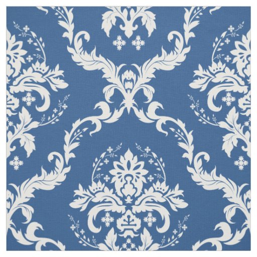 White Floral Damasks Custom Blue Background Fabric