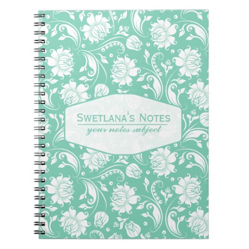 White Floral Damasks Custom Mint Background Notebook