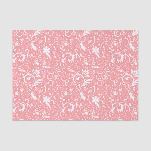 White Floral Damasks Custom Pink Background Tissue Paper (Front)