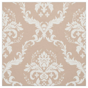 White Floral Damasks Custom Tan Background Fabric