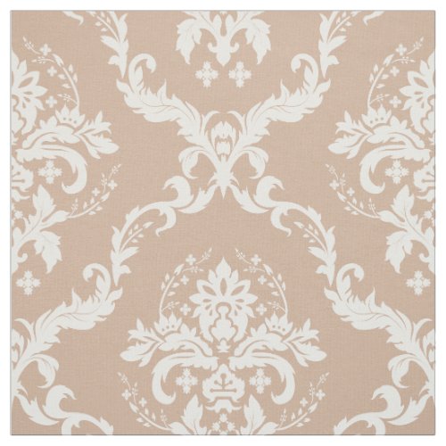 White Floral Damasks Custom Tan Background Fabric