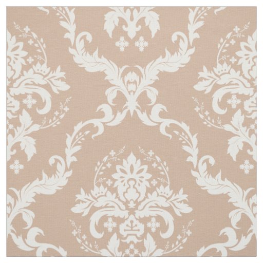White Floral Damasks Custom Tan Background Fabric