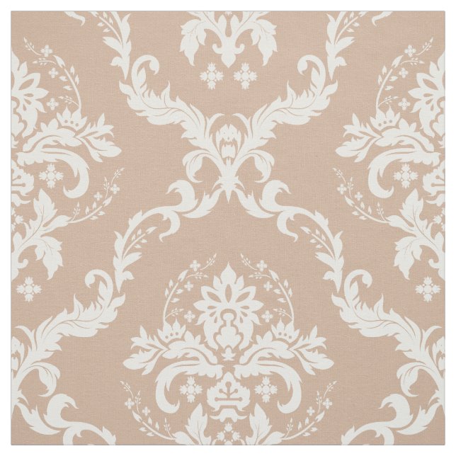 White Floral Damasks Custom Tan Background Fabric (Swatch)