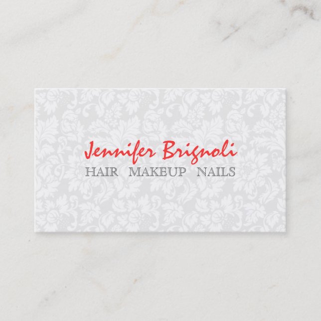 White Floral Damasks Makeup Hair Nails Business Card (Front)