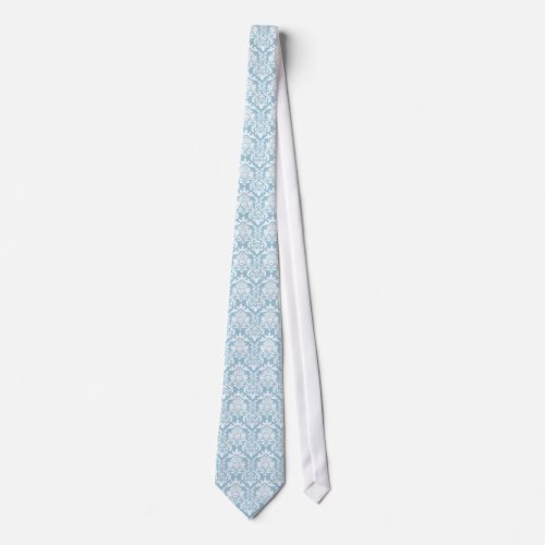 White Floral Damasks Over Light Blue Background Neck Tie