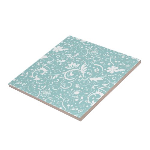 White Floral Damasks Over Teal_Blue Background Tile