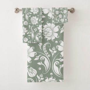 White floral damasks pattern on sage green bath towel set