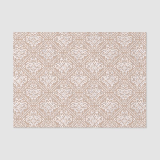 White Floral Damasks & Tan Background Tissue Paper (Front)