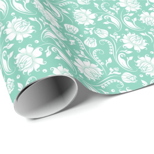 White Floral Damasks Teal_Green Background Wrapping Paper