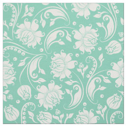 White Floral Damasks With Custom Mint Background Fabric